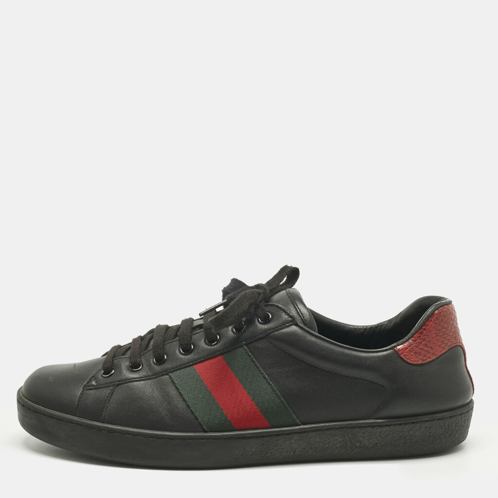 Gucci Black Leather Ace Web Lace Up Sneakers Size 43.5