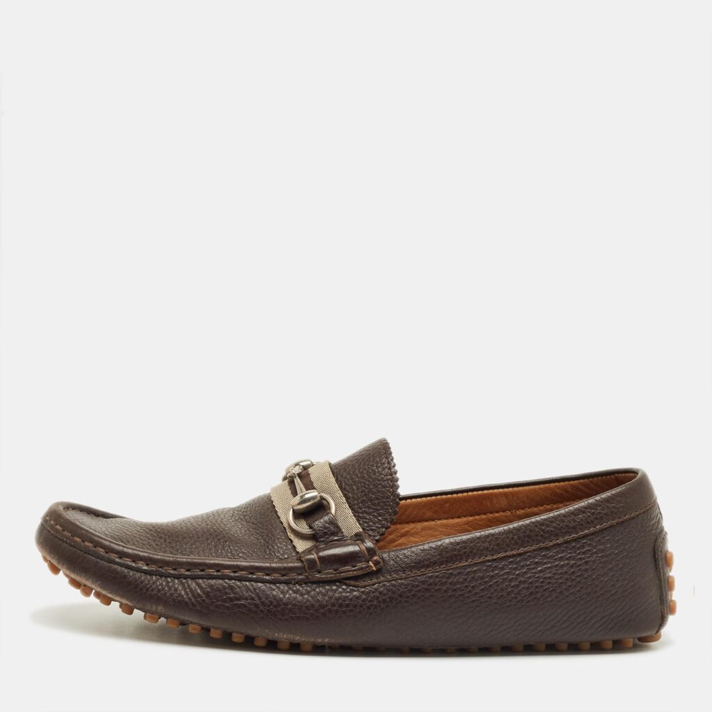 Gucci Dark Brown Leather GG Horsebit Web Detail Slip On Loafers Size 43.5