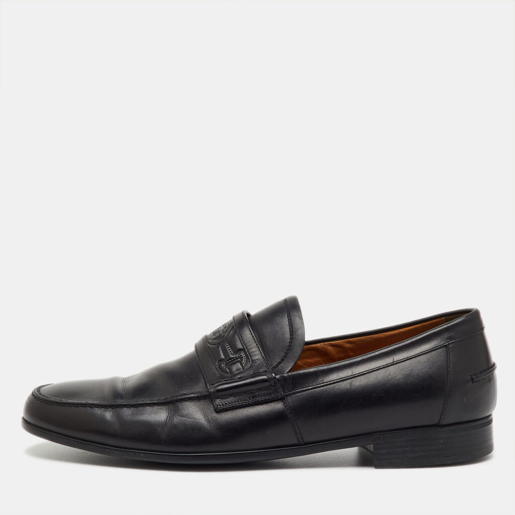 Gucci Black Leather Horsebit Embossed Slip On Loafers Size 40.5