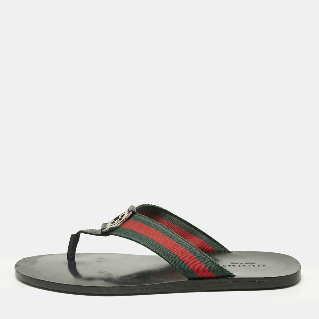 luxury-men-gucci-used-shoes-p1240870-001.jpg Gucci Tricolor Canvas and Leather Interlocking G Web Thong Flats Size 43