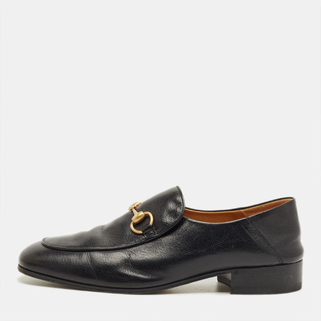Gucci Black Leather Jordaan Horsebit Loafers Size 42