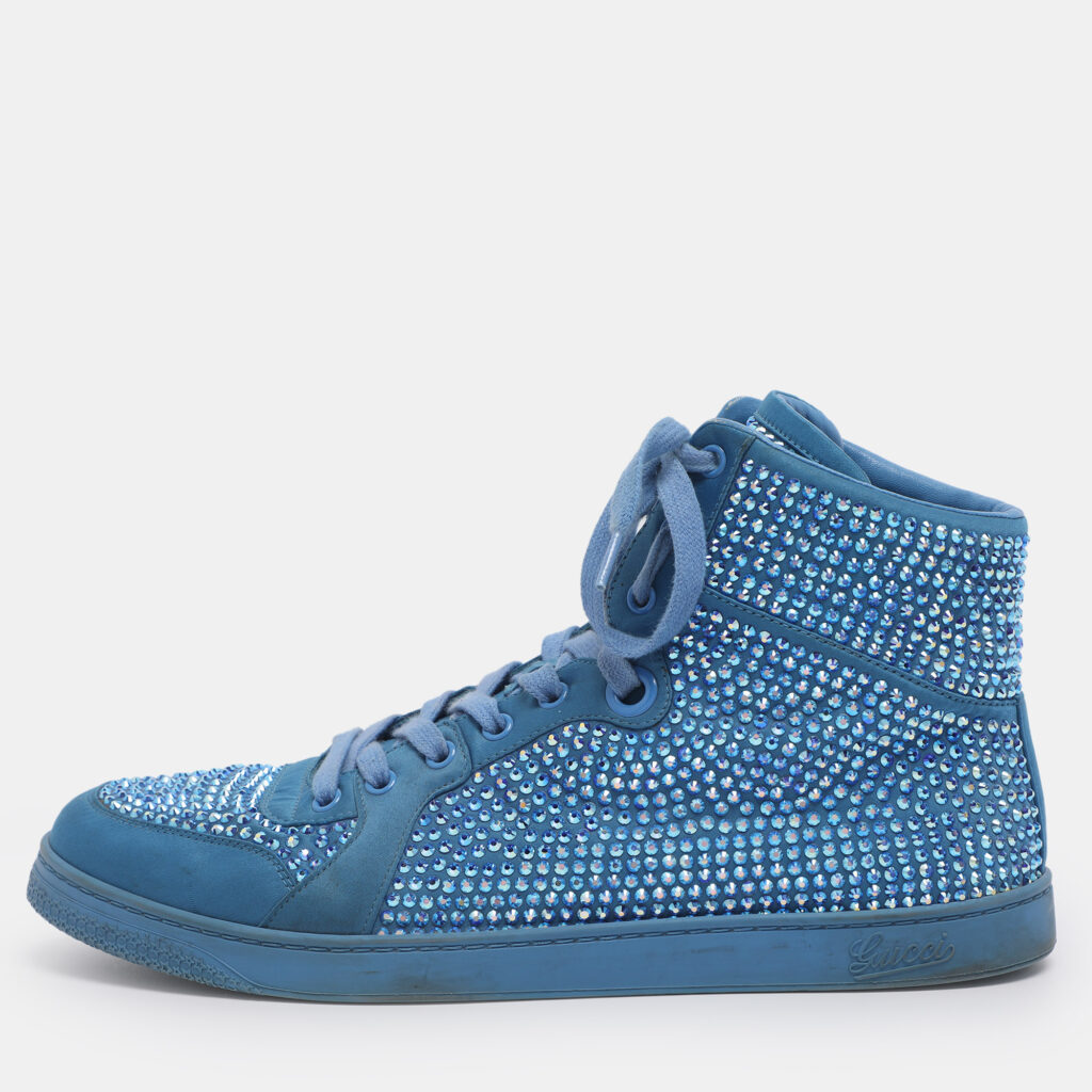 luxury-men-gucci-used-shoes-p1242013-001-1.jpg Gucci Blue Satin Crystal Embellished High Top Sneakers Size 43