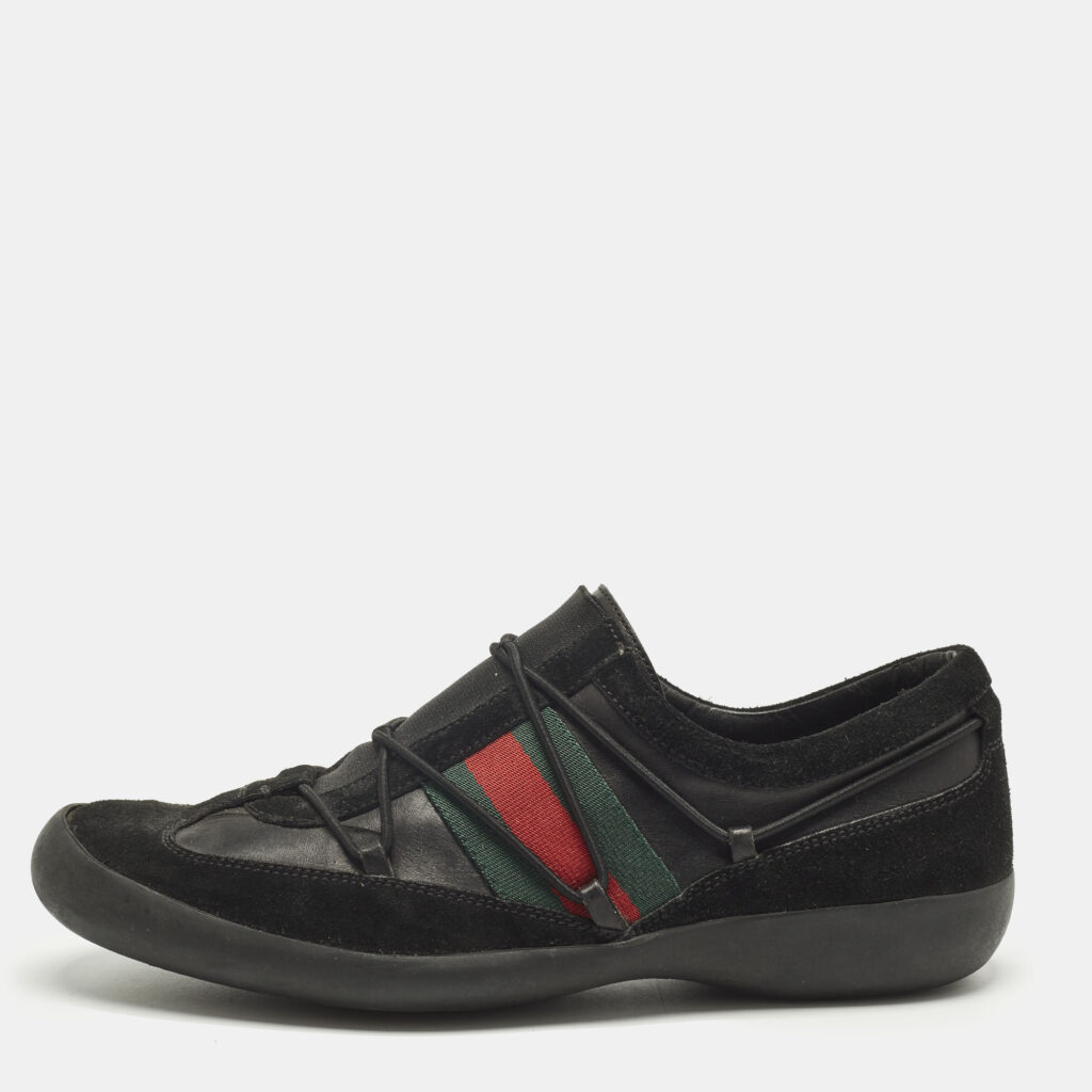 luxury-men-gucci-used-shoes-p1242751-002-1.jpg Gucci Black Leather and Suede Elastic Web Vintage Slip On Sneakers Size 42.5