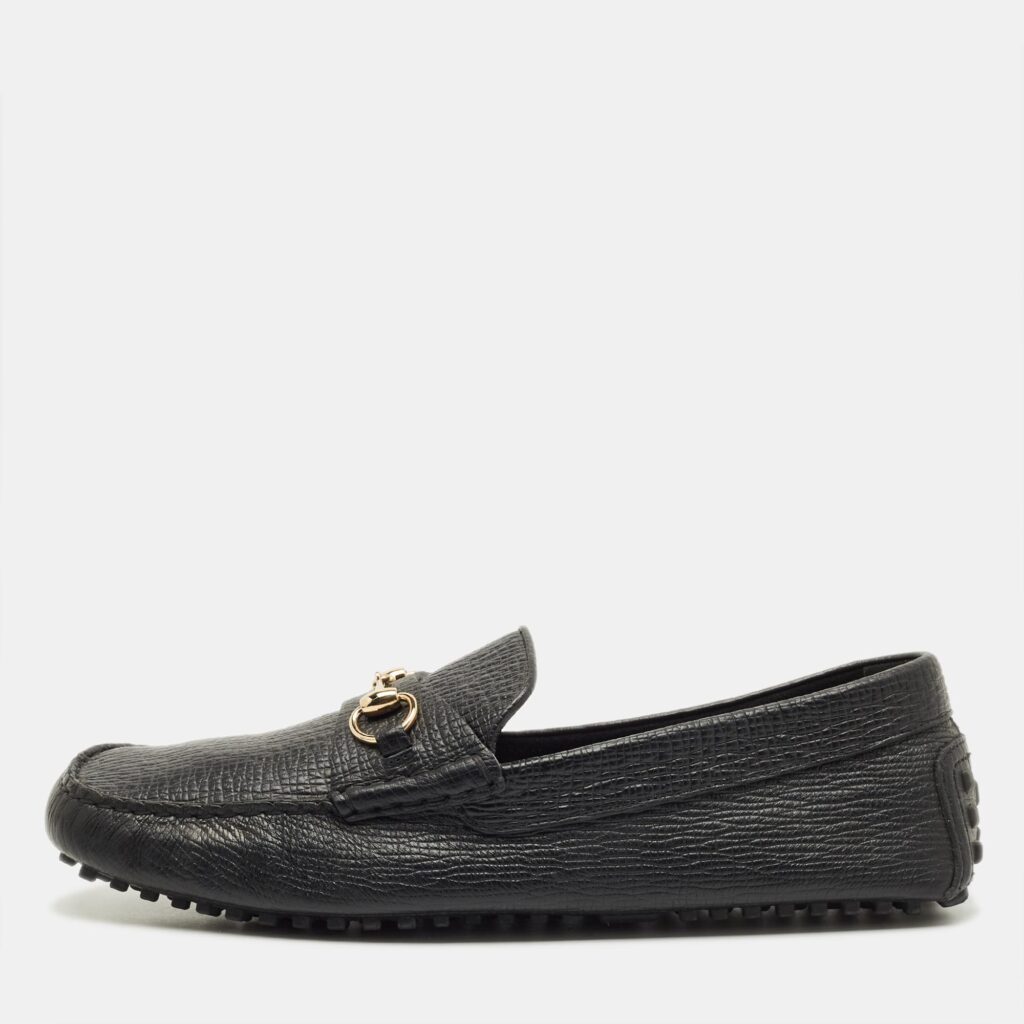 Gucci Black Leather Horsebit Web Detail Driver Loafers Size 46.5