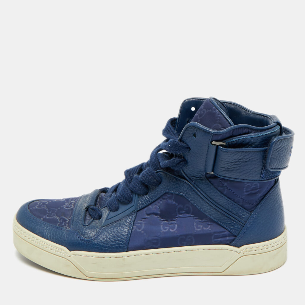 luxury-men-gucci-used-shoes-p1246649-001-1.jpg Gucci Guccissima Size 43.5 Blue GG Nylon and Leather High Top Sneakers