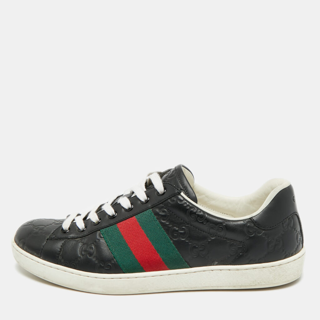 Gucci Ace Web Size 41 Black Guccissima Leather Low Top Sneakers Gucci Ace Web Size 41 Black Guccissima Leather Low Top Sneakers