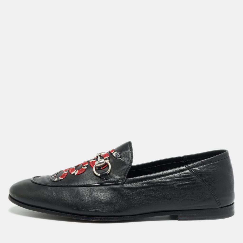 Gucci Jordaan Size 42 Black Leather Brixton Horsebit Slip On Loafers