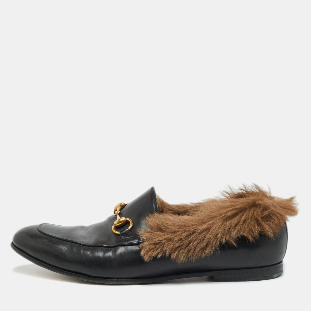 Gucci Princetown Size 42.5 Black Leather and Mink Fur Loafers