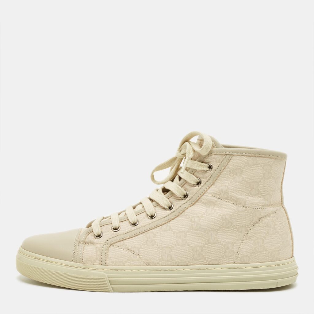 Gucci Size 42.5 Beige GG Canvas and Leather High Top Sneakers Gucci Size 42.5 Beige GG Canvas and Leather High Top Sneakers