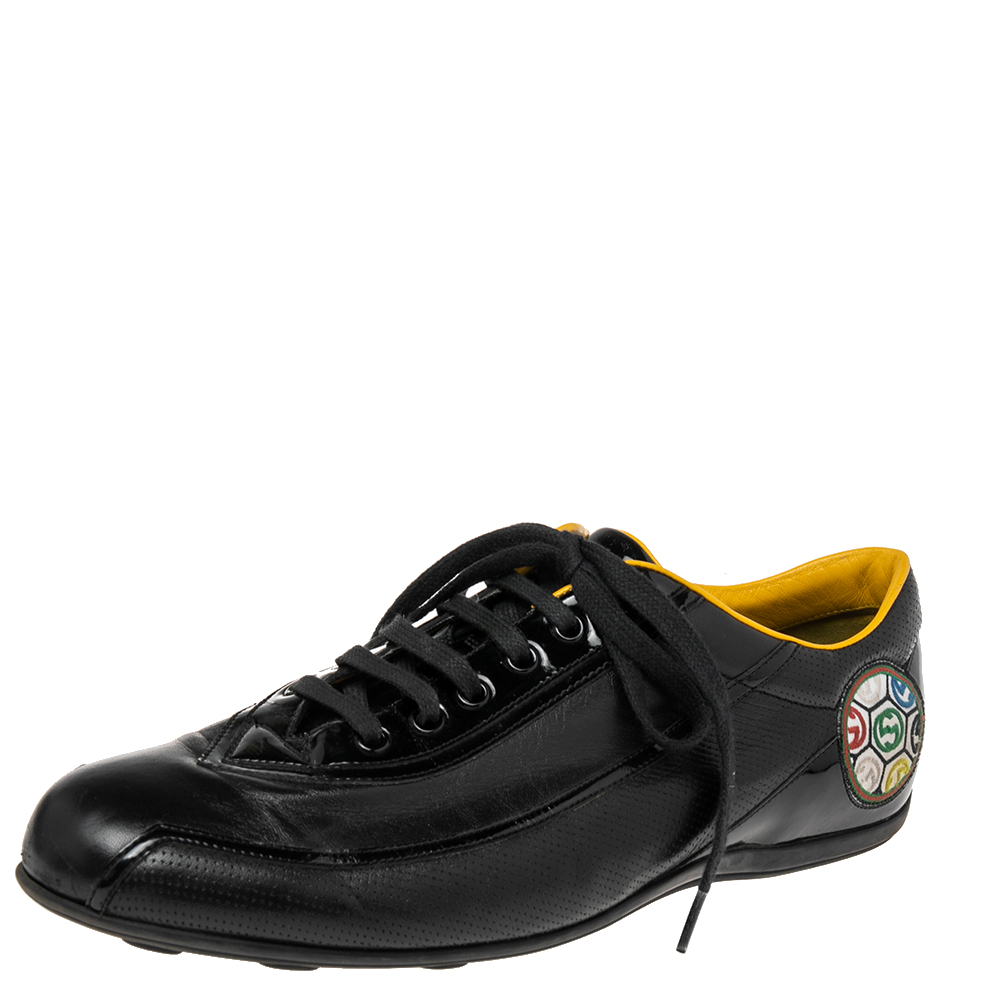 luxury-men-gucci-used-shoes-p519720-005-1.jpg Gucci Black Leather And Patent Low Top Sneakers Size 42.5