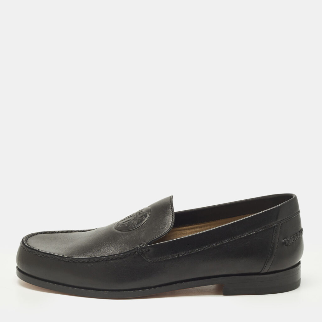 Hermes Size 42.5 Black Leather Logo Embossed Loafers Hermes Size 42.5 Black Leather Logo Embossed Loafers