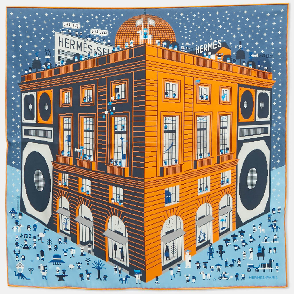 Hermès Blue/Orange Silk Faubourg Party Pocket Square Hermès Blue/Orange Silk Faubourg Party Pocket Square