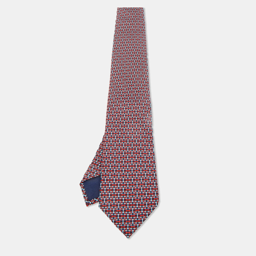 Hermès Navy Blue/Red All-Over H Print Silk Tie