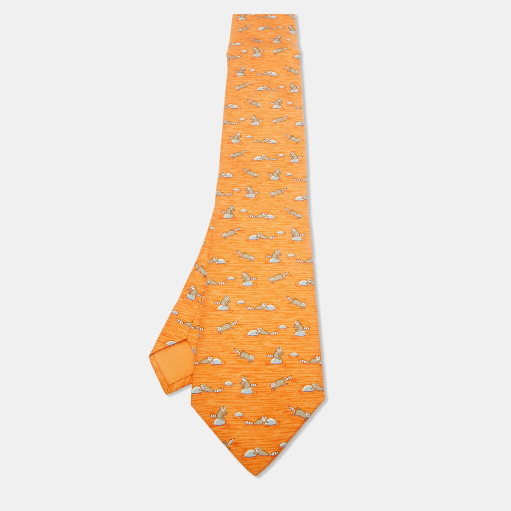 Hermès Orange Raccoon Print Silk Tie