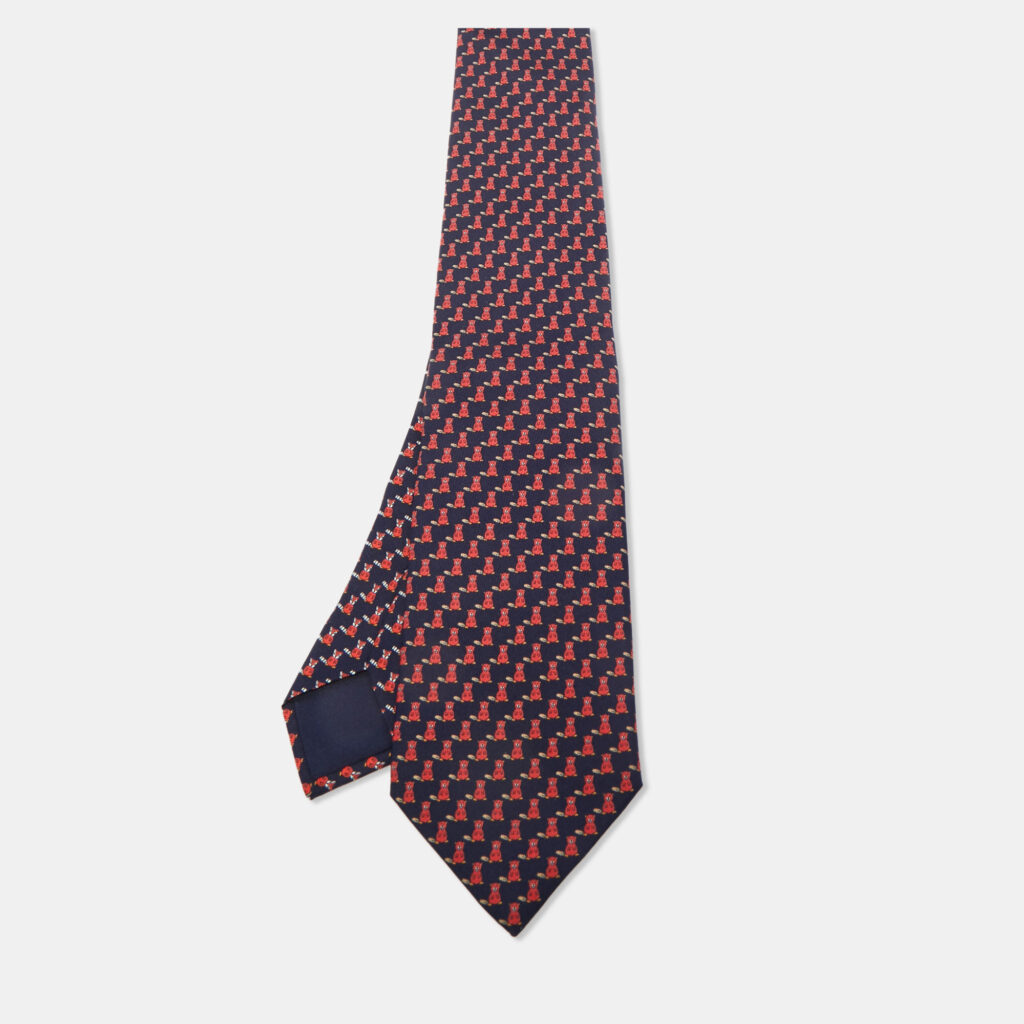 Hermès Blue Seal and Fox Print Silk Tie