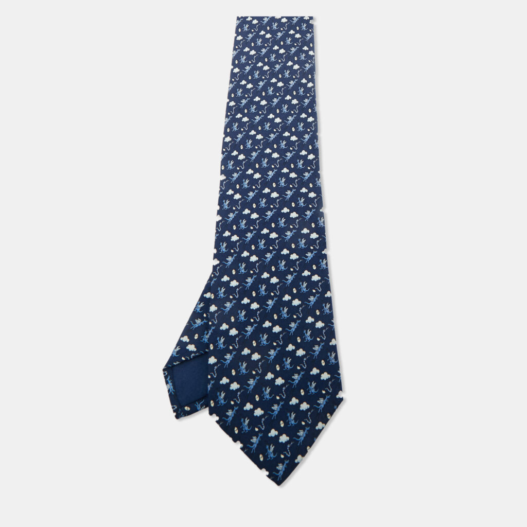 Hermès Blue Dragon Print Silk Tie