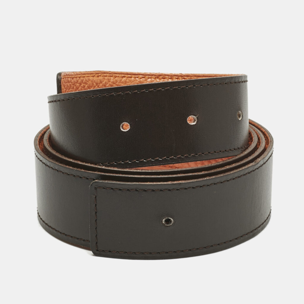 Hermes Orange/Chocolat Togo and Box Leather Reversible Belt Strap 90 CM
