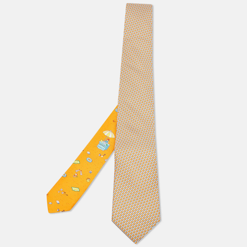 Hermès Orange Geomteric Print Silk Tie Hermès Orange Geomteric Print Silk Tie