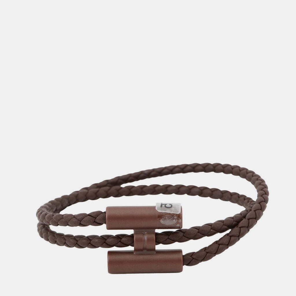 Hermes Tourni Tresse Thor Brown Swift Leather Metal Bracelet