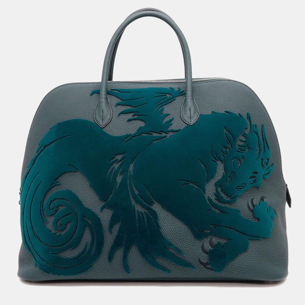Hermes Bolide 1923 45 Chimeres Dragon Vert Shipley Togo Leather Velvet Tote Bag