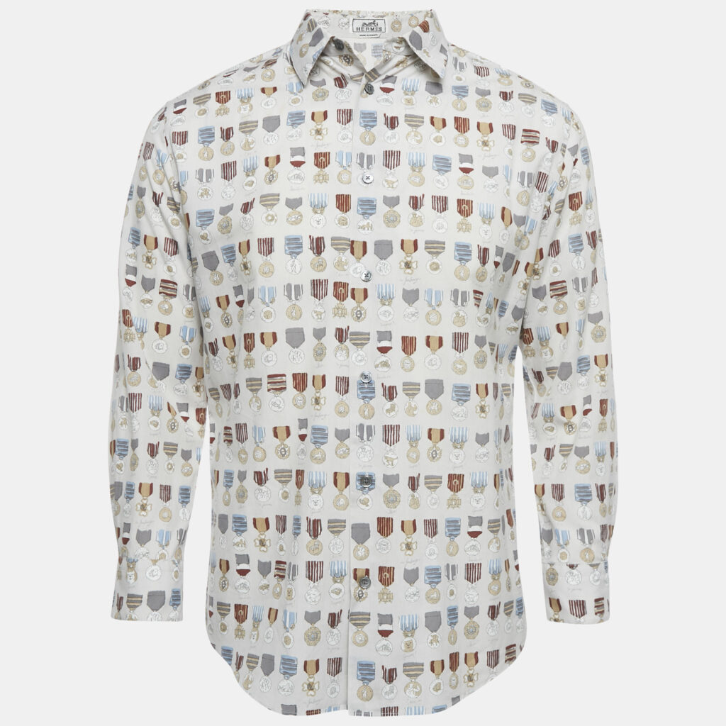Hermes Grey Medal Print Cotton Shirt M Hermes Grey Medal Print Cotton Shirt M