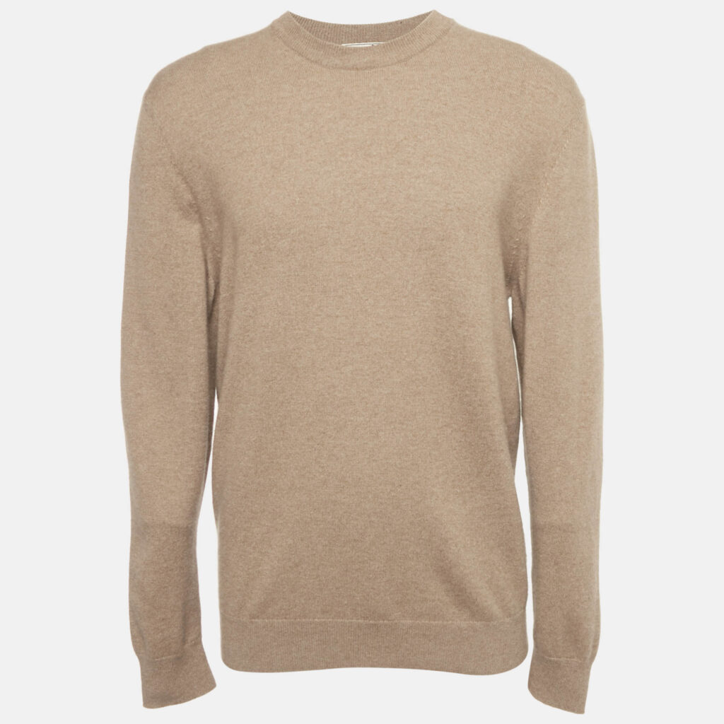 Hermes Brown Leather Trim Cashmere Knit Sweater XL