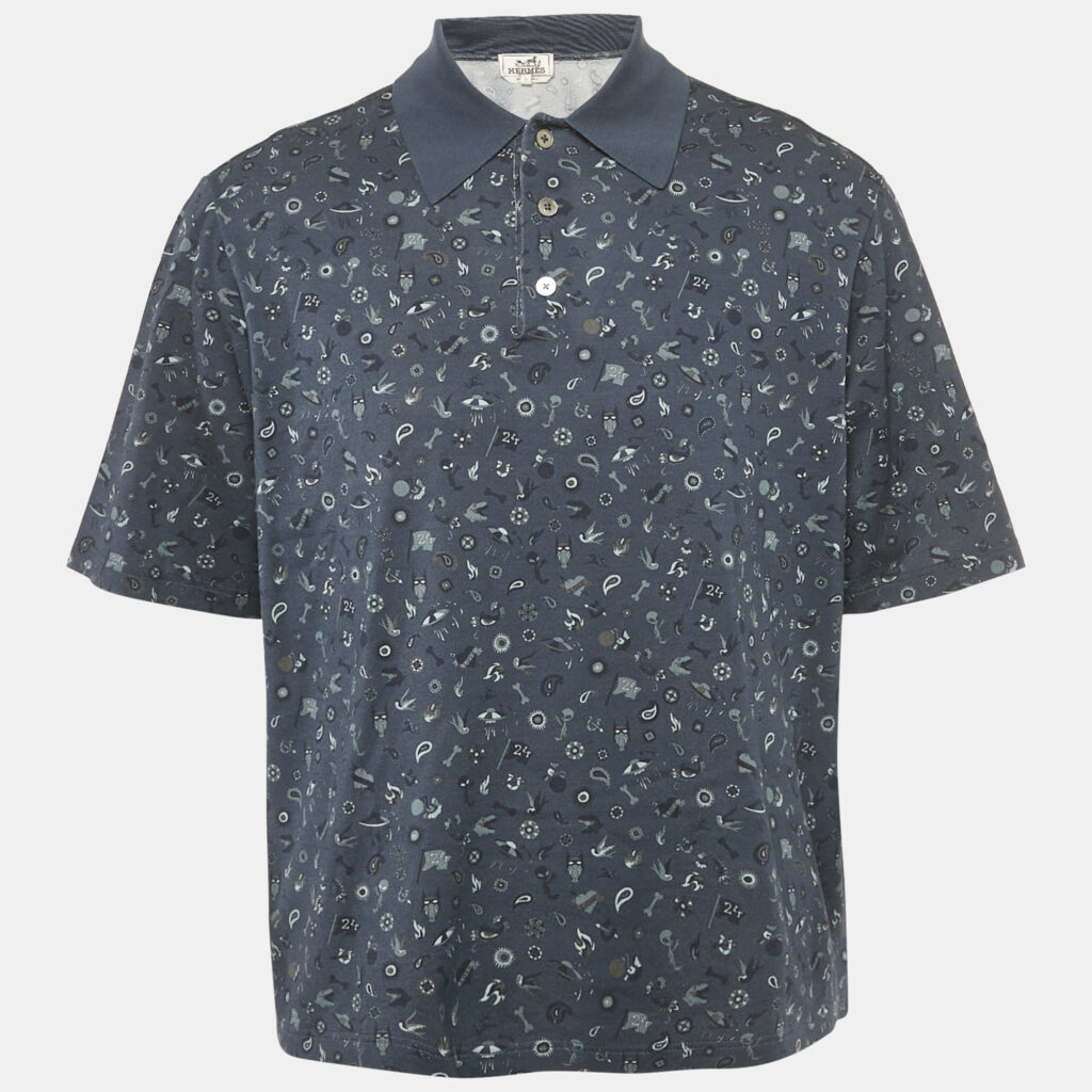 Hermes Blue Printed Cotton Pique Polo T-Shirt L Hermes Blue Printed Cotton Pique Polo T-Shirt L