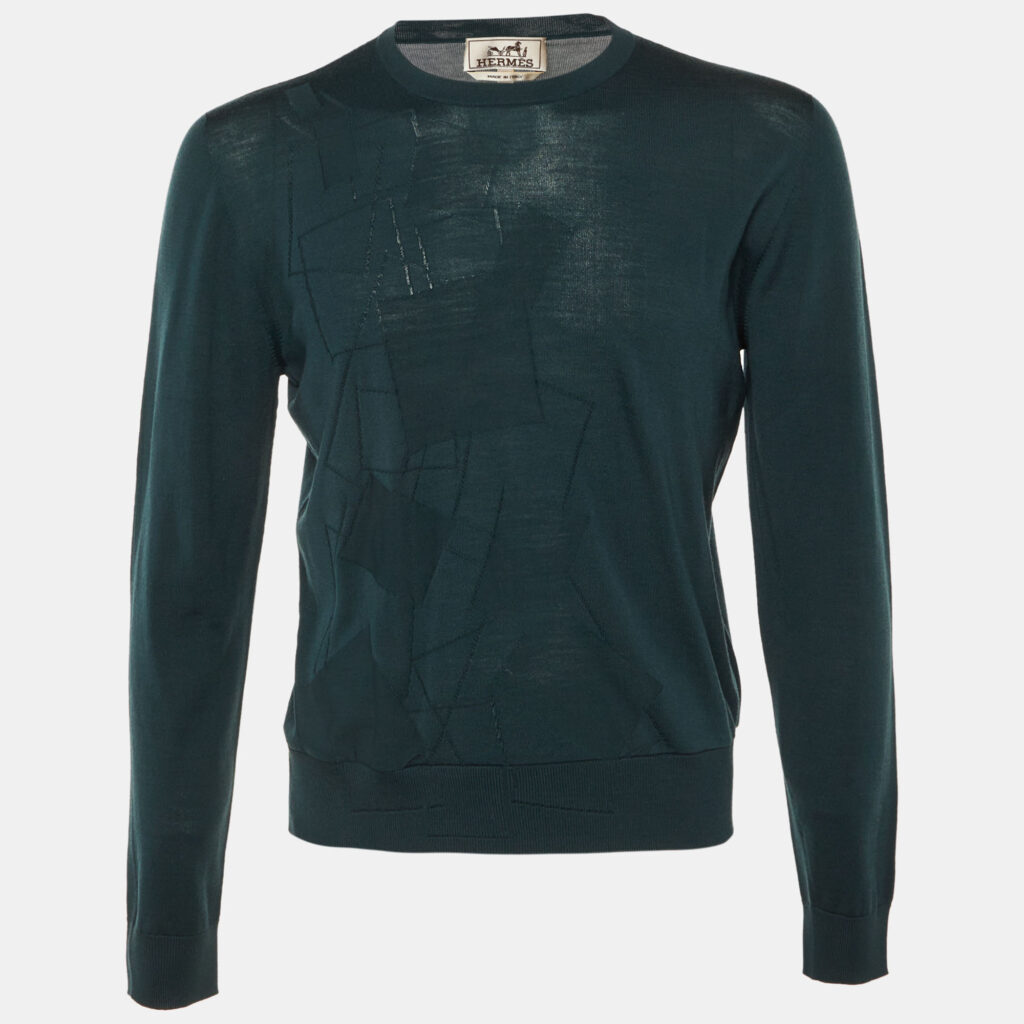 Hermes Green Square Motif Wool Knit Crew Neck Sweater M Hermes Green Square Motif Wool Knit Crew Neck Sweater M