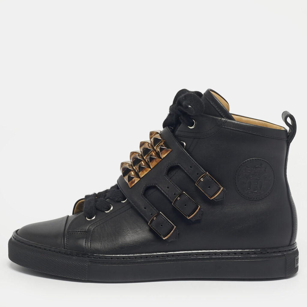 Hermes Black Leather Studded Lennox High Top Sneakers Size 40