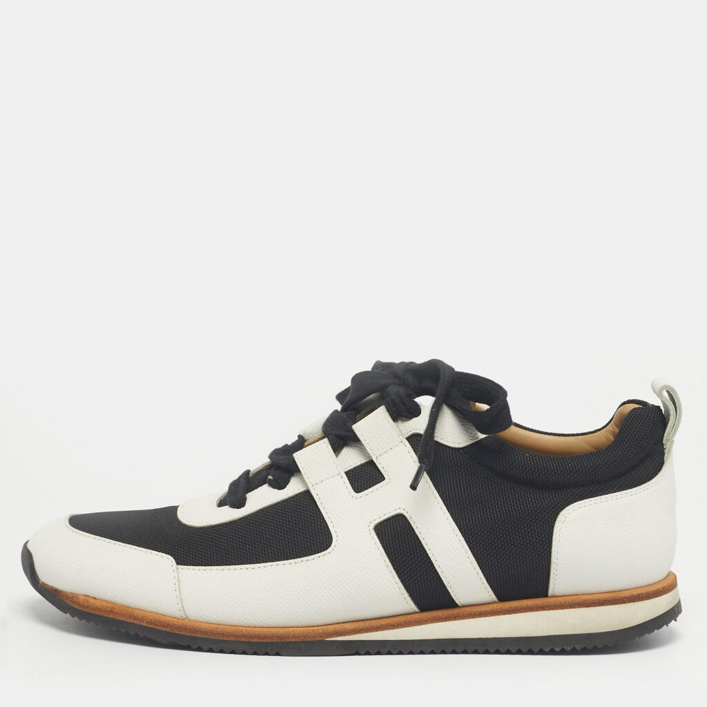 Hermes White/Black Canvas and Leather Tie Break Lace Up Sneakers Size 42