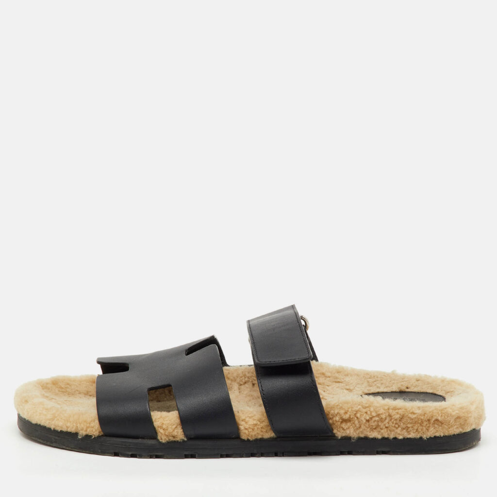 Hermes Black Leather Chypre Shearling Fur Flat Sandals Size 43