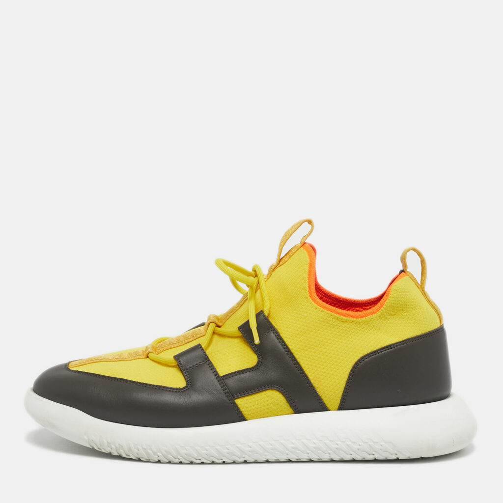 Hermes Yellow Knit Fabric and Leather Duel Athletic Low Top Sneakers Size 43