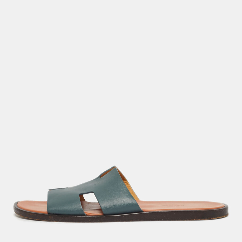Hermes Blue Leather Izmir Flat Slide Sandals Size 43.5