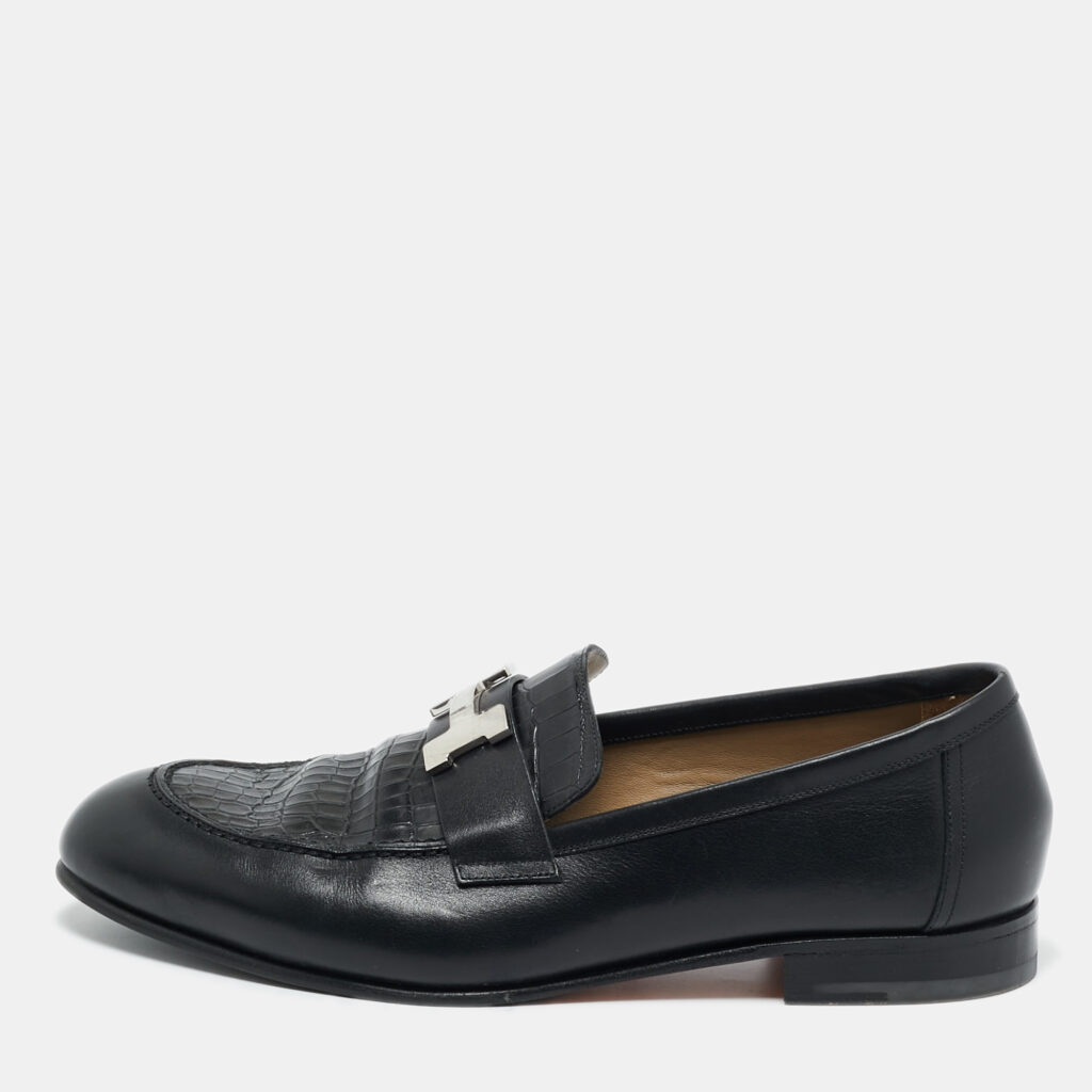 Hermes Black Crocodile Leather and Leather Loafers Size 41.5