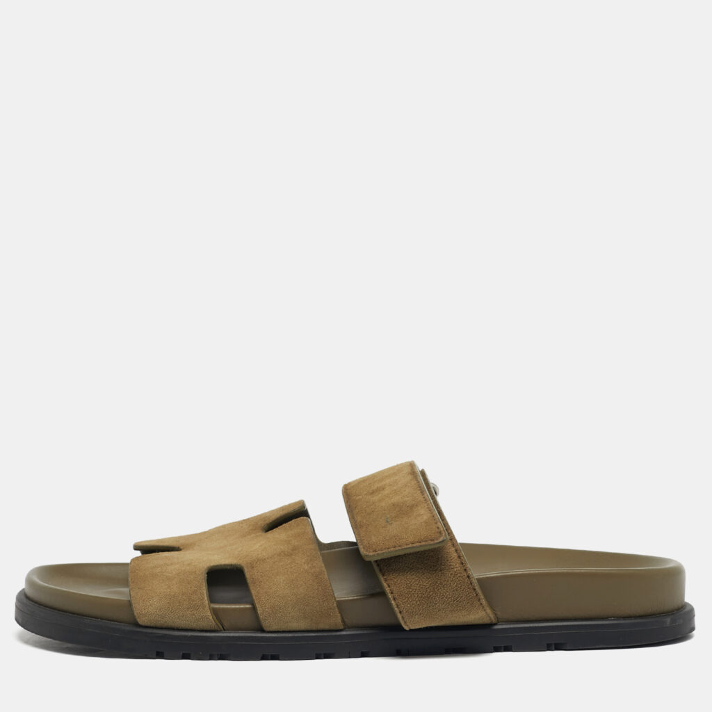 Hermes Chypre Size 42.5 Green Suede Flat Sandals