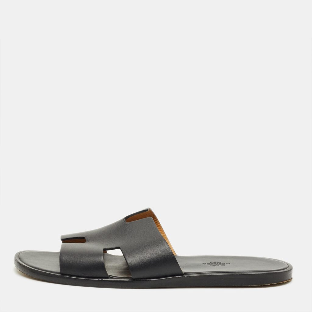 Hermès Izmir Black Leather Flat Sandals Size 44