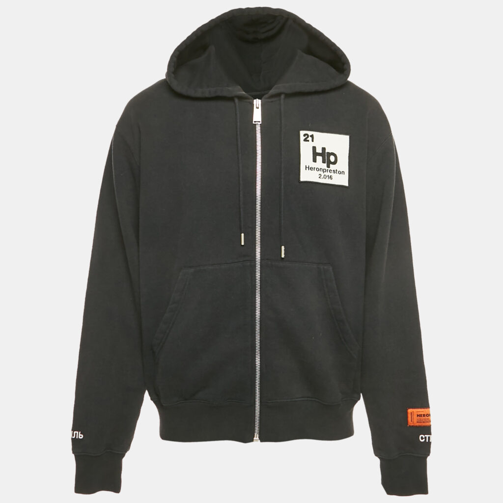 Heron Preston Black Logo Patch Detail Printed Cotton Zip-Up Hoodie M Heron Preston Black Logo Patch Detail Printed Cotton Zip-Up Hoodie M