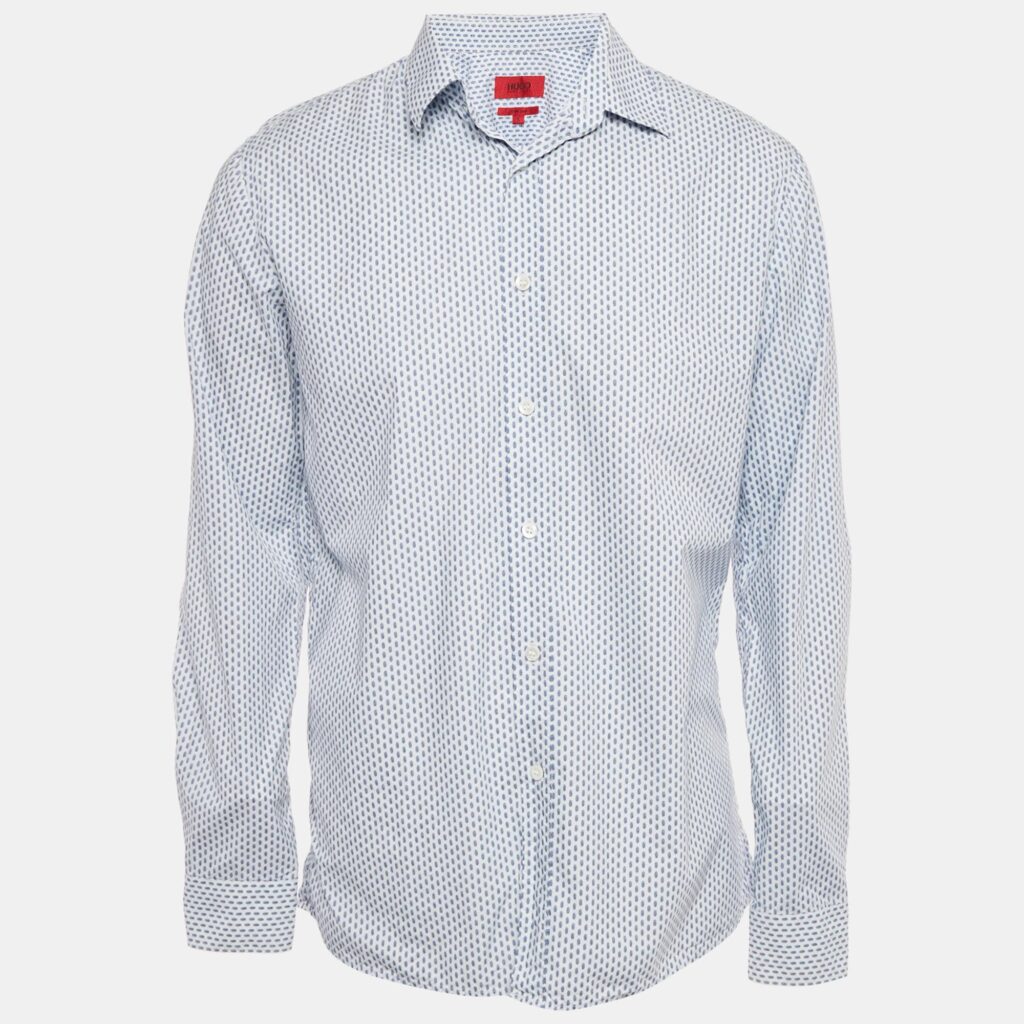 Hugo Boss White/Blue Printed Cotton Slim Line Shirt L Hugo Boss White/Blue Printed Cotton Slim Line Shirt L