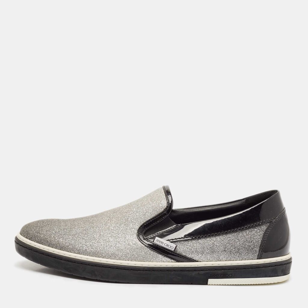 Jimmy Choo Black/Silver Patent Leather and Glitter Slip On Sneakers Size 44 Jimmy Choo Black/Silver Patent Leather and Glitter Slip On Sneakers Size 44