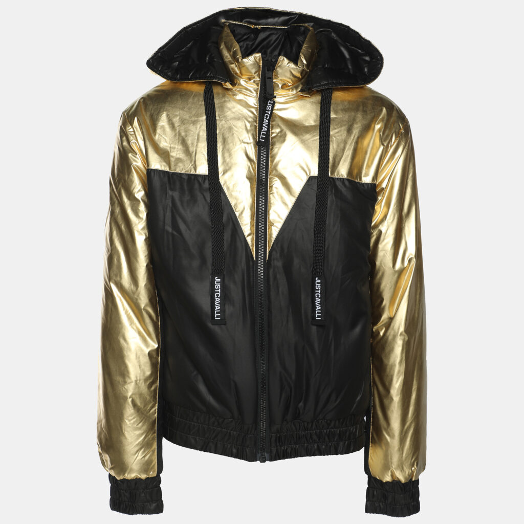 Just Cavalli Gold/Black Nylon Bomber Hoodie Jacket M Just Cavalli Gold/Black Nylon Bomber Hoodie Jacket M