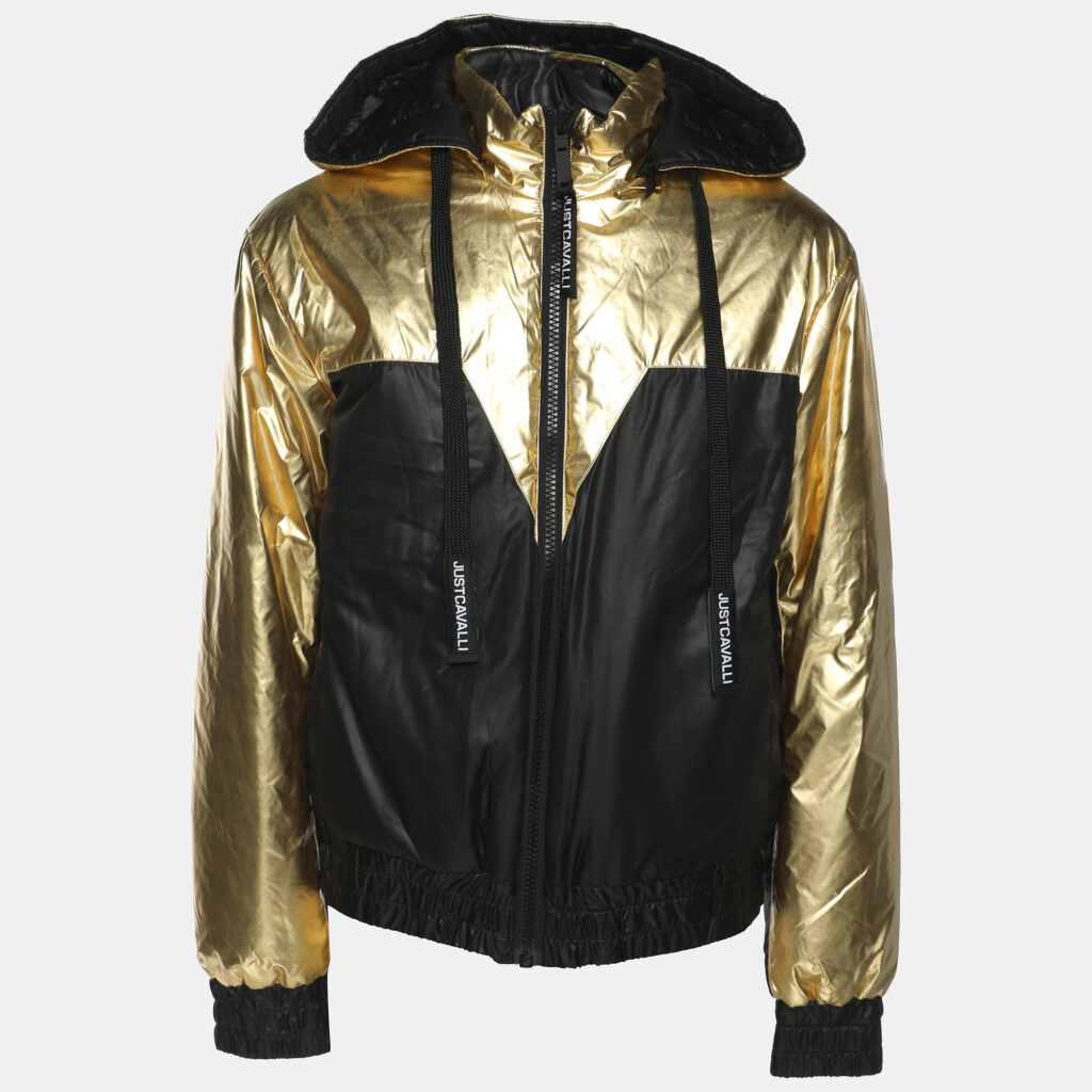 Just Cavalli Gold/Black Nylon Bomber Hoodie Jacket L
