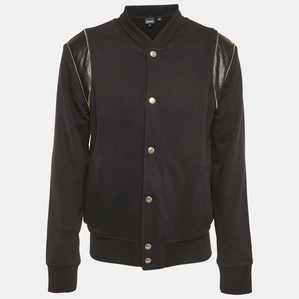 Just Cavalli Black Embroidered Cotton Knit Faux Leather Trim Jacket M Just Cavalli Black Embroidered Cotton Knit Faux Leather Trim Jacket M