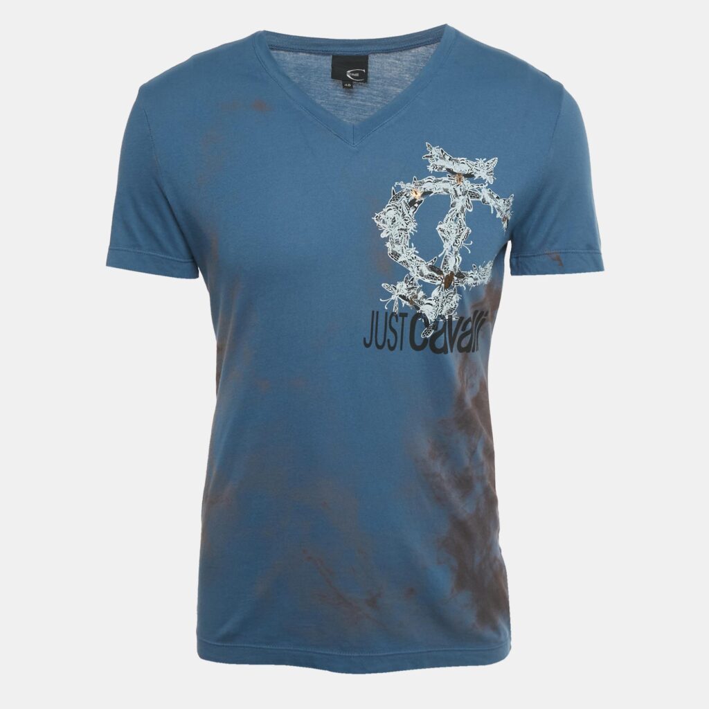 Just Cavalli Blue Printed Jersey V-Neck T-Shirt M Just Cavalli Blue Printed Jersey V-Neck T-Shirt M