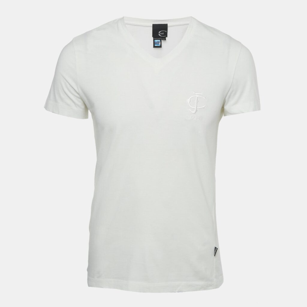 Just Cavalli White Logo Embroidered Jersey Fitted T-Shirt L Just Cavalli White Logo Embroidered Jersey Fitted T-Shirt L