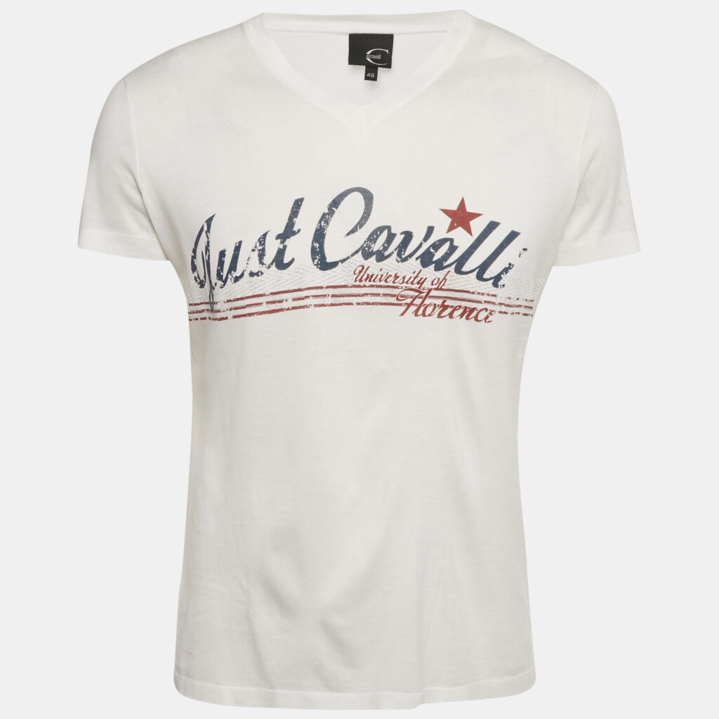 Just Cavalli White Printed Jersey V-Neck T-Shirt M Just Cavalli White Printed Jersey V-Neck T-Shirt M