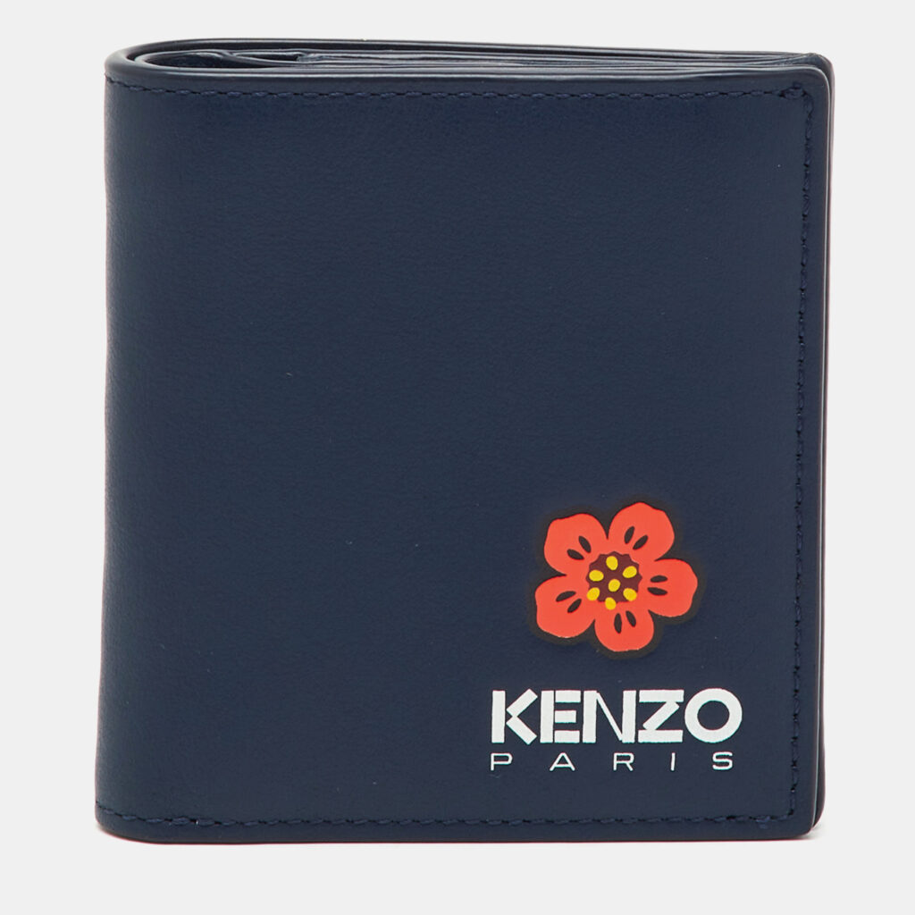Kenzo Navy Blue Leather Boke Flower Logo Print Mini Bifold Wallet Kenzo Navy Blue Leather Boke Flower Logo Print Mini Bifold Wallet