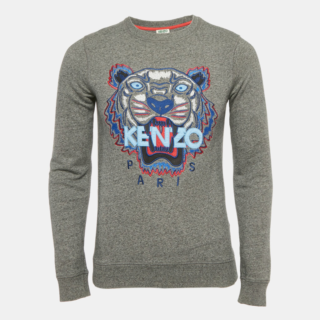 luxury-men-kenzo-used-clothes-p1186191-001-1.jpg Kenzo Grey Tiger Embroidered Cotton Crewneck T-Shirt XS