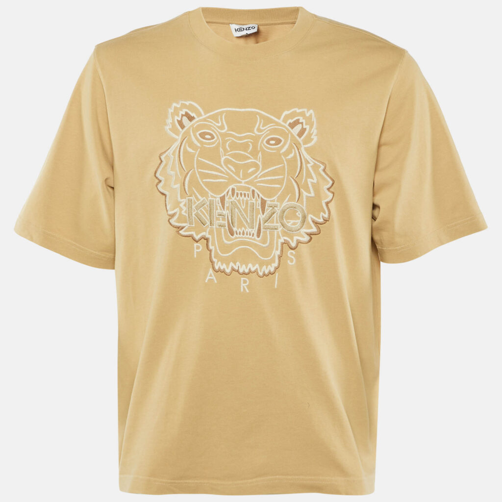 Kenzo Dark Beige Tiger Embroidered Cotton Knit T-Shirt L Kenzo Dark Beige Tiger Embroidered Cotton Knit T-Shirt L