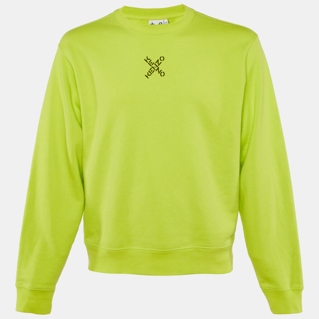 Kenzo Neon Green Logo Print Cotton Crew Neck Sweatshirt M Kenzo Neon Green Logo Print Cotton Crew Neck Sweatshirt M