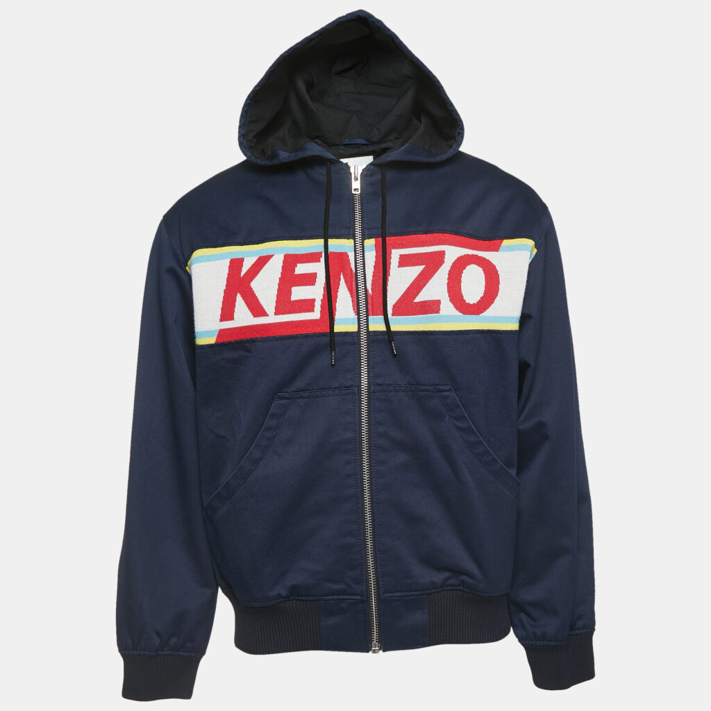 Kenzo Navy Blue Gabardine Logo Detailed Zip Front Hooded Jacket S Kenzo Navy Blue Gabardine Logo Detailed Zip Front Hooded Jacket S